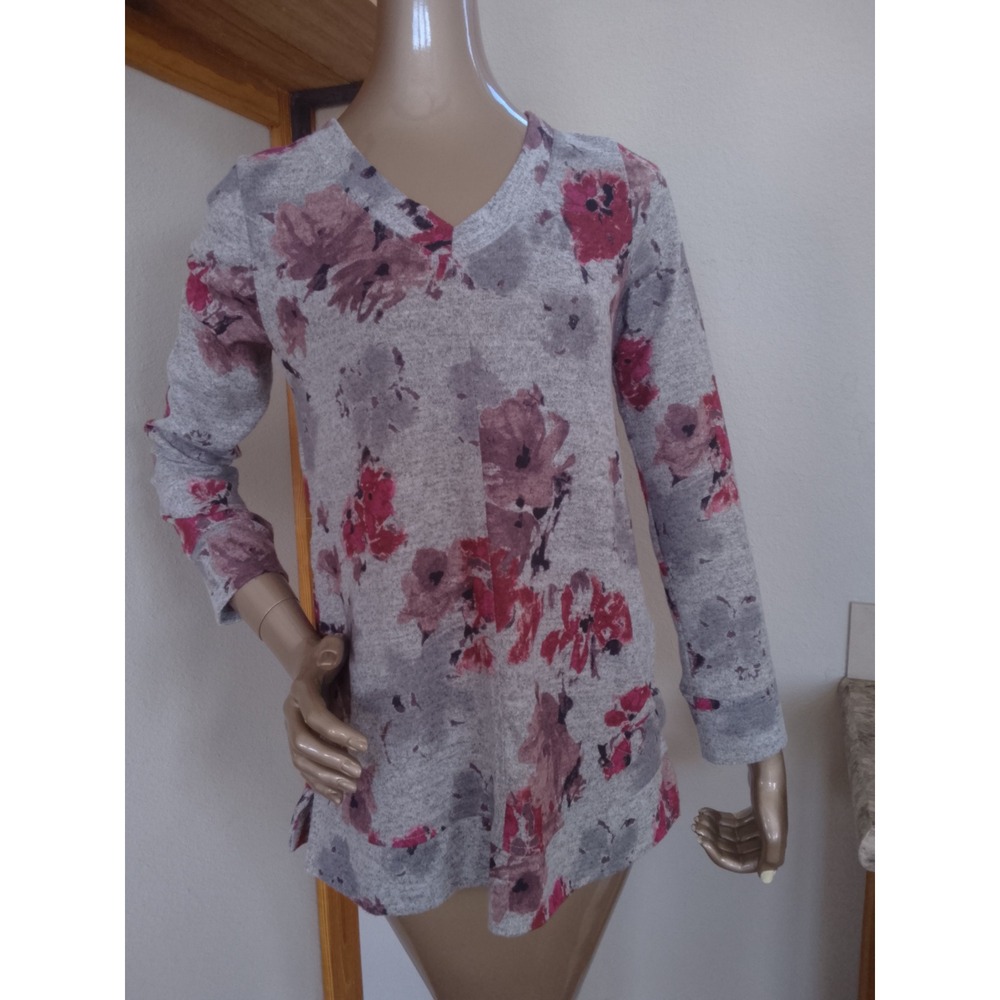 Ellen Tracy Womens Floral V-Neck Long Sleeve Knit Top Heather Gray Pink Small
